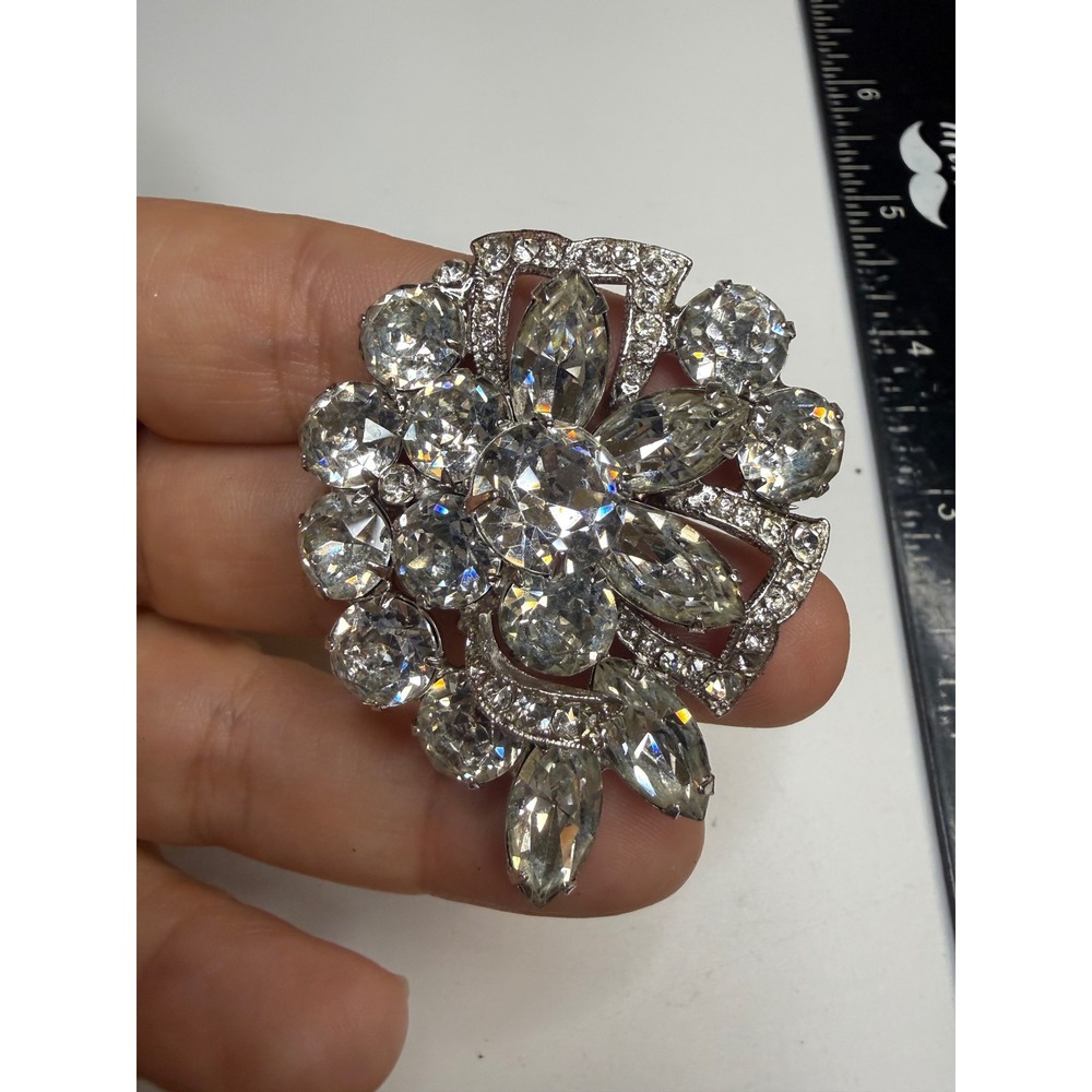 Eisenberg Ice Clear Rhinestone Floral Brooch Silver Tone Marquise Round Pin
